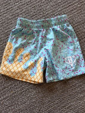 Baseball 101 Ice Cream Cone Kids Shorts - Aqua & Yellow with Pink Sprinkles